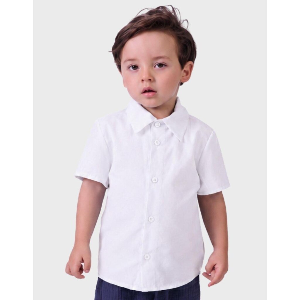 Camisa Verão Gola Polo Tricoline Azul Com Botões Centrais Gola Curta Branco Suave Menino 1 a 14
