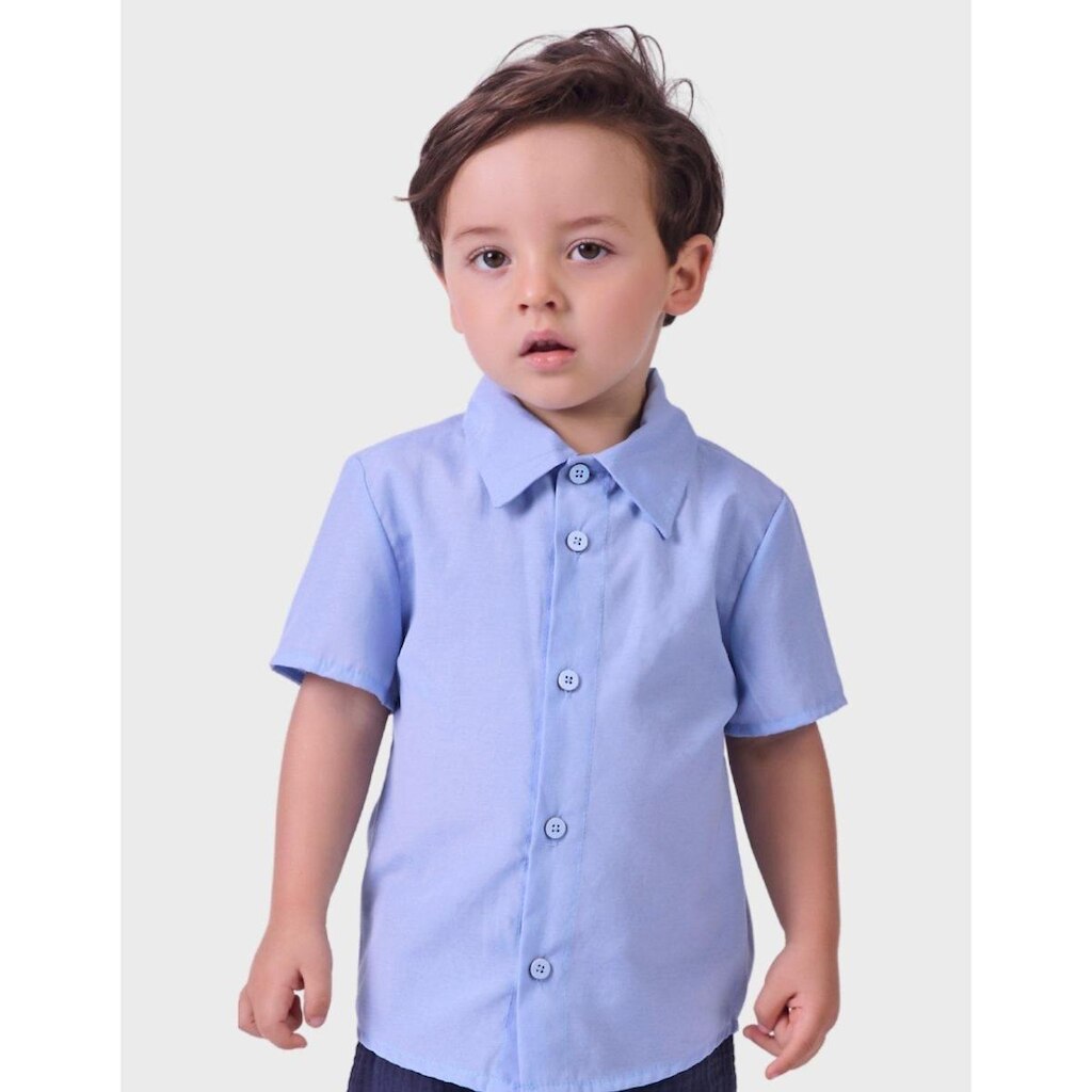 Camisa Verão Gola Polo Tricoline Azul Com Botões Centrais Gola Curta Branco Suave Menino 1 a 3