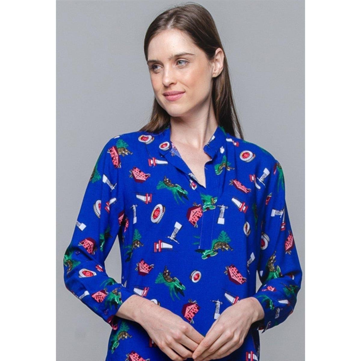 Camisa Viscose Polo Estampada - Azul Royal Menor preço em Camisa Viscose Polo Estampada - Azul Royal