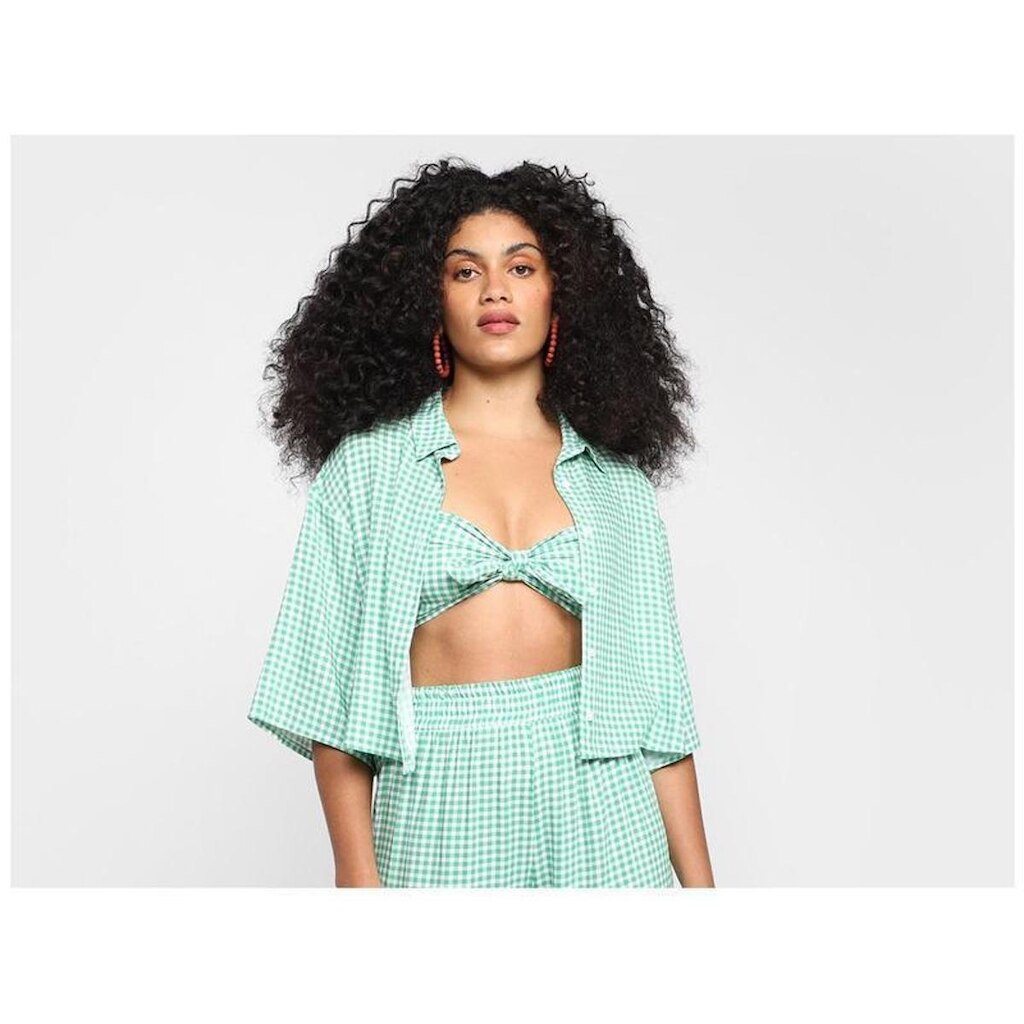 Camisa Vista   Cropped Xadrez Manga 3/4