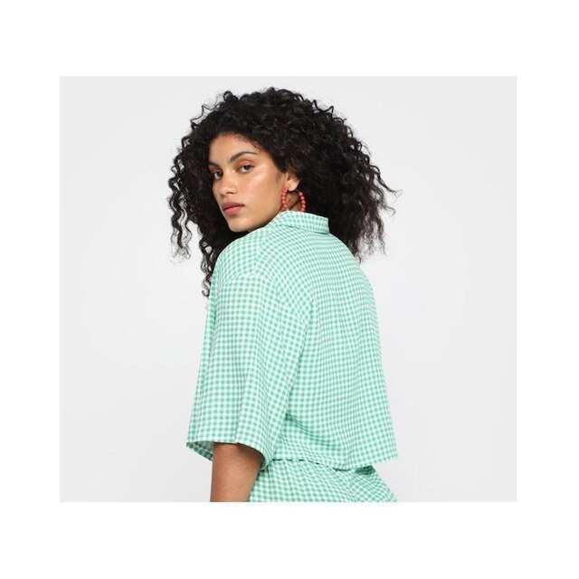 Camisa Vista Cropped Xadrez Manga 3/4