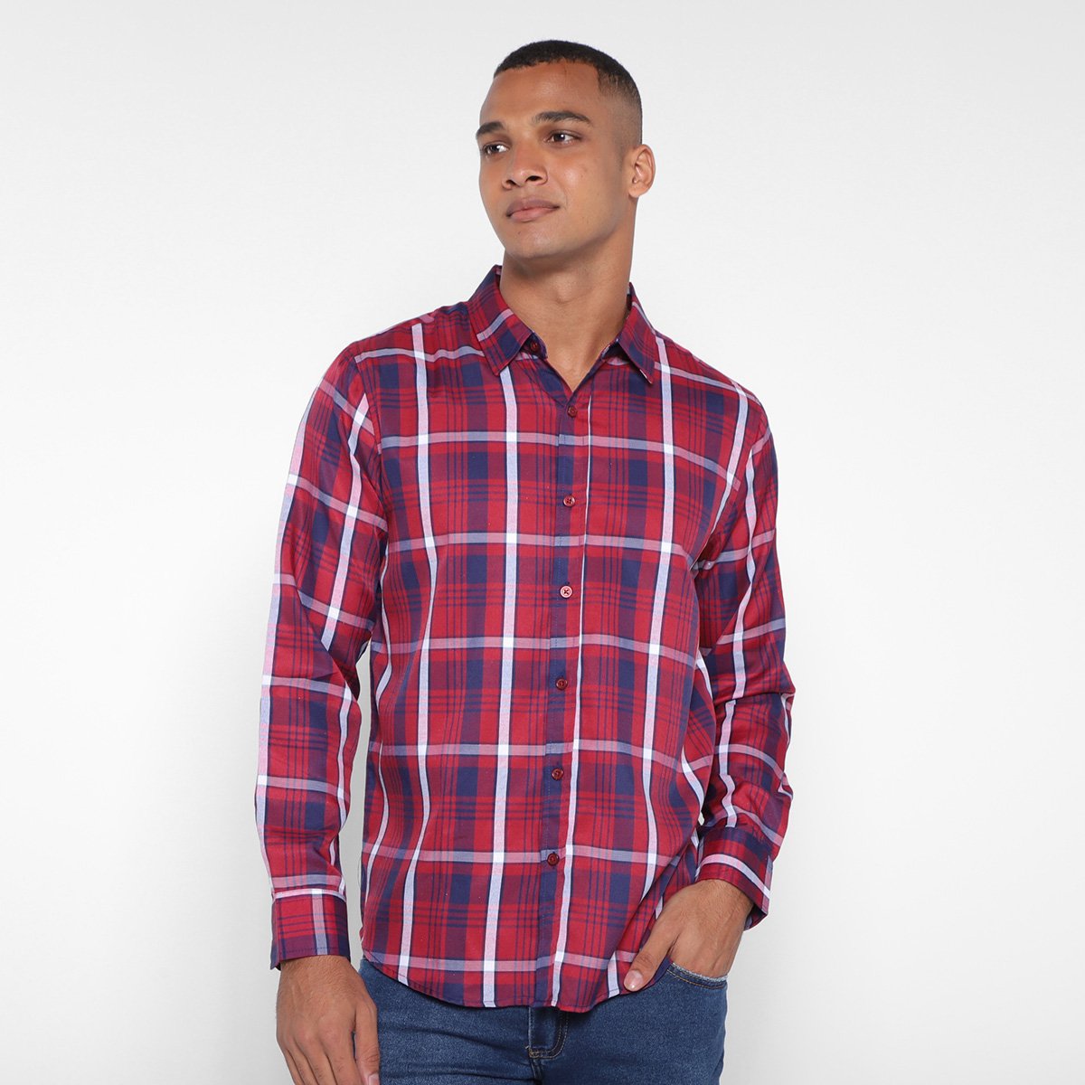 camisa xadrez manga longa vermelha masculina