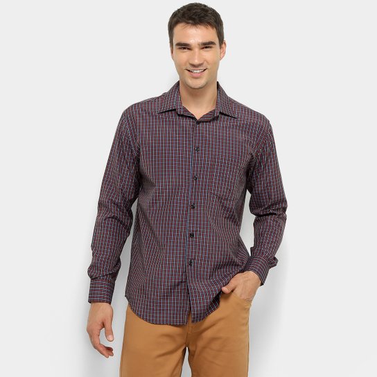 Camisa Xadrez Manga Longa Watkins&Krown com Bolso Masculina - Preto+Vermelho