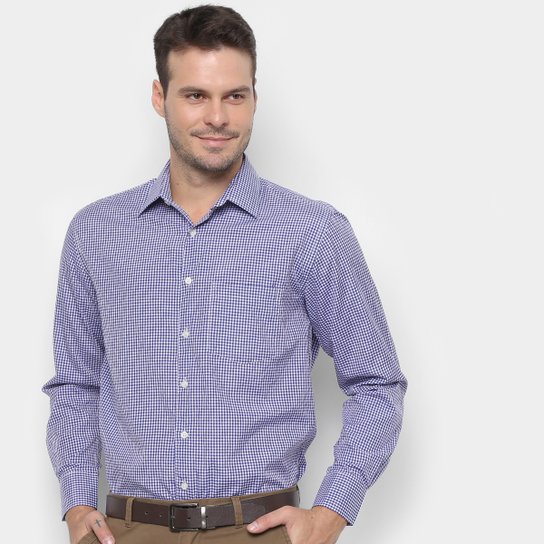 Camisa Xadrez Manga Longa Watkins&Krown com Bolso Masculina - Azul+Branco