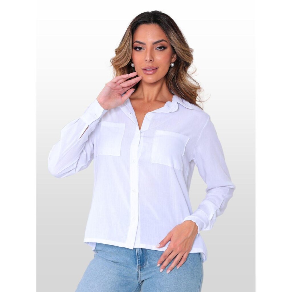 Camisas Femininas Social 2 Bolso Camisete Manga Longa Branca feminina Variação