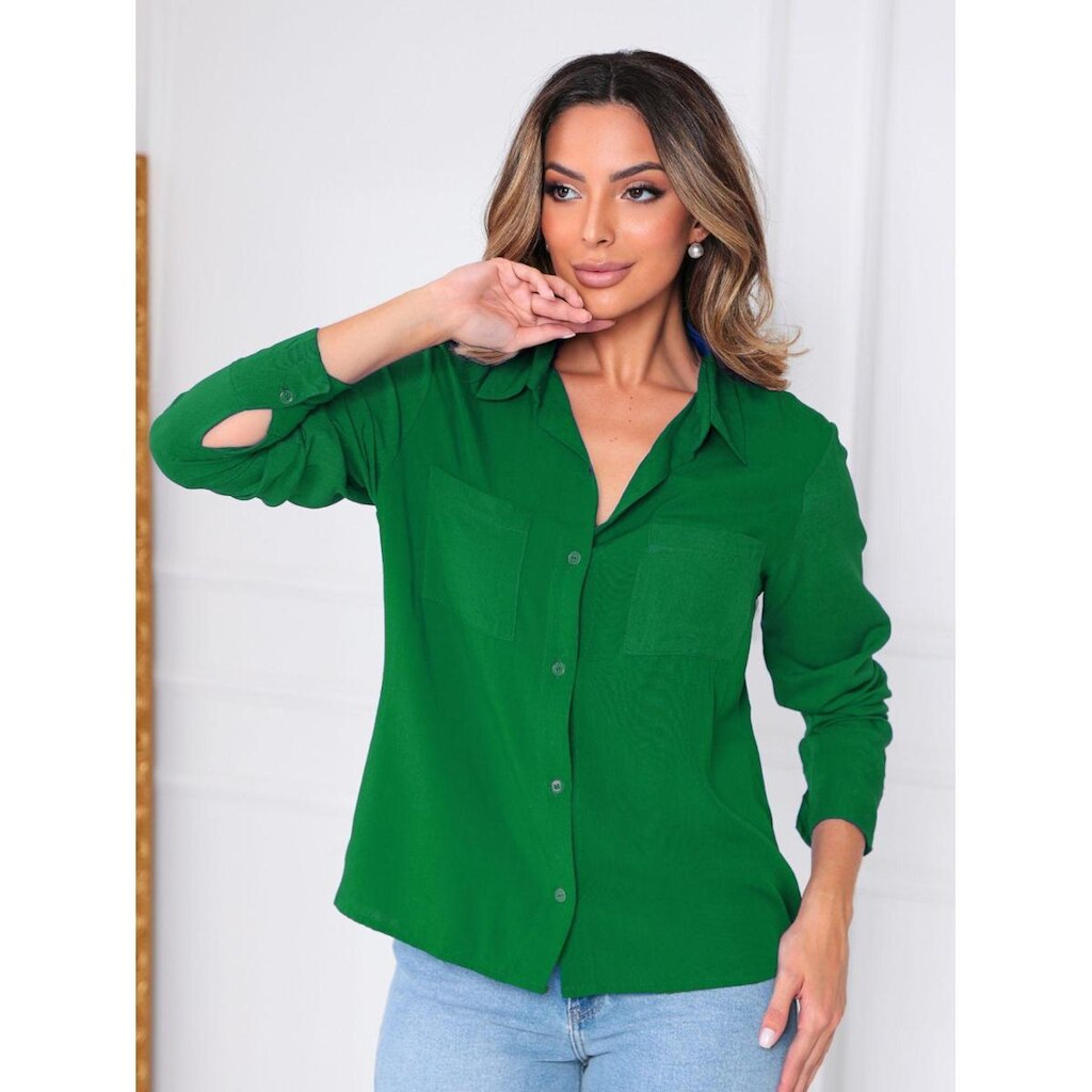 Camisas Femininas Social 2 Bolso Camisete Manga Longa Branca feminina Variação