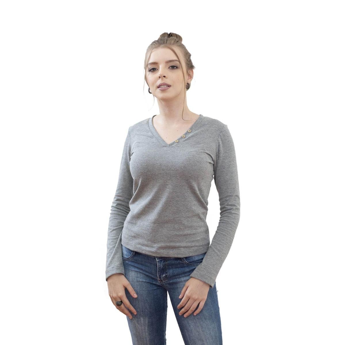 Camiseta 4 Ás Listrada Feminina - Cinza Menor preço em Camiseta 4 Ás Listrada Feminina - Cinza