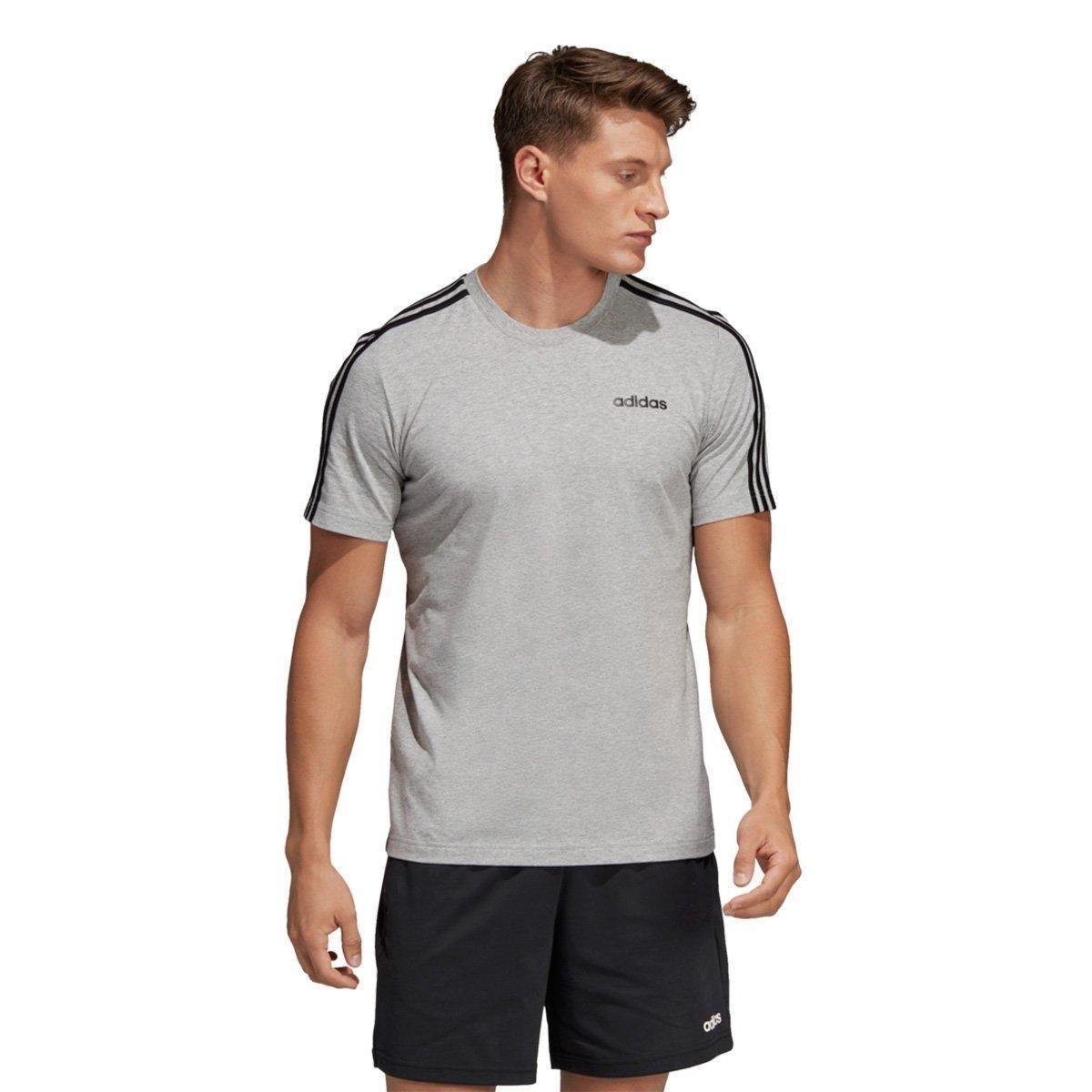 Camiseta Adidas Eseentials 3-Stripes Masculina - Cinza e Preto Menor preço em Camiseta Adidas Eseentials 3-Stripes Masculina - Cinza e Preto
