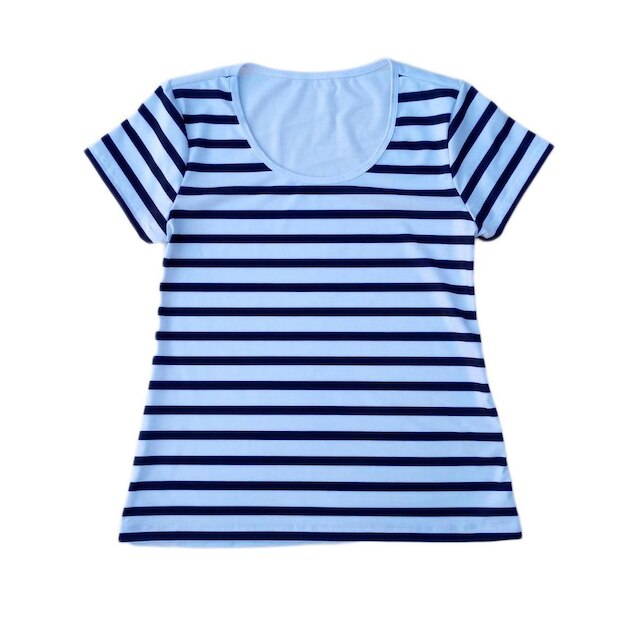 Camiseta Adulta Feminina Listrada Branca Azul