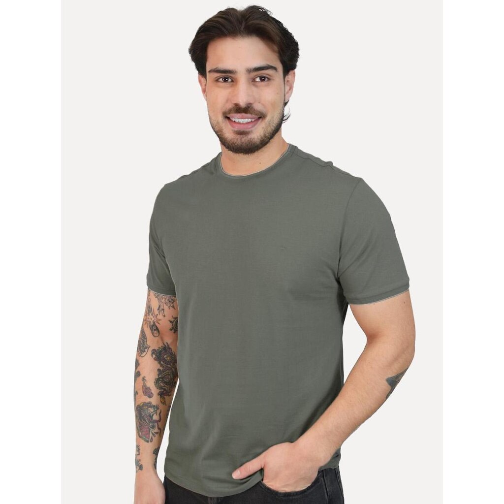 Camiseta Aramis Masculina Grey Friso Gola Logo Verde Opaco