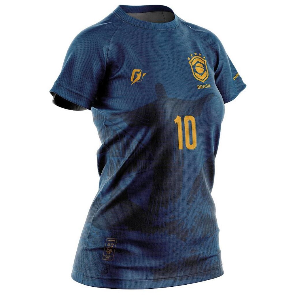 Camiseta Baby Look Filtro UV Brasil Canarinho Azul Cristo Redentor