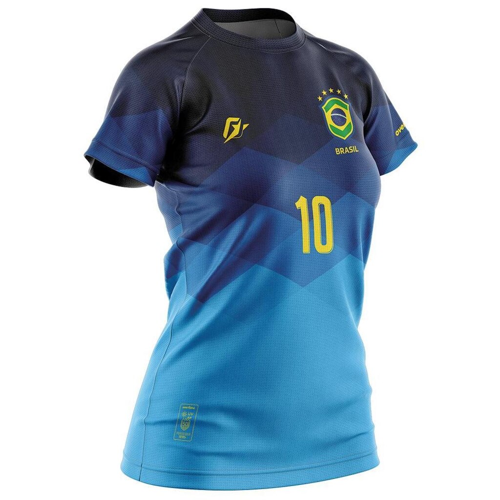 Camiseta Baby Look Filtro UV Brasil Canarinho Azul Torcedor Retrô