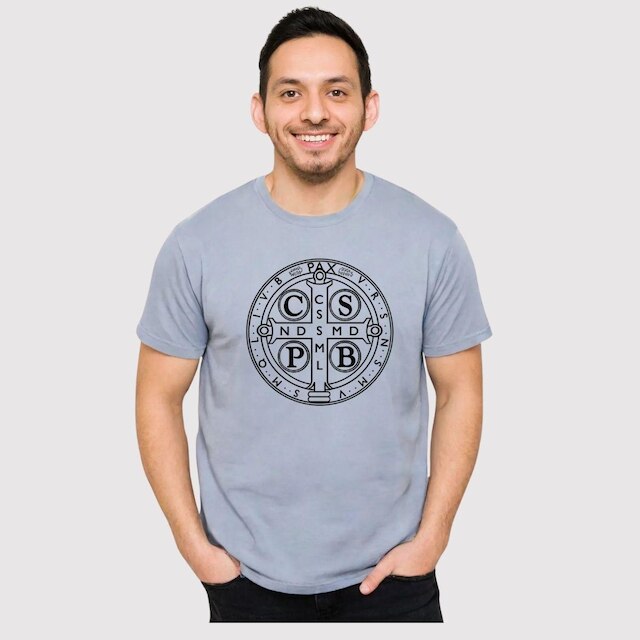 Camiseta Básica Gola Redonda Estampada 100% Algodão Premium Medalha São Bento