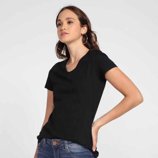 Camiseta Basicamente Baby Look Lisa Feminina - Preto