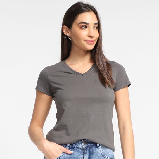 Camiseta Basicamente Baby Look Lisa Feminina - Chumbo