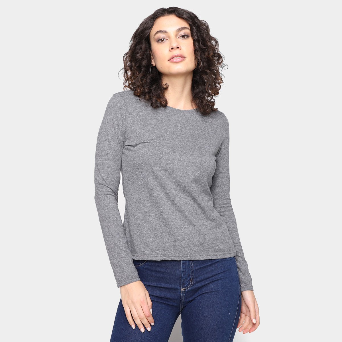 Camiseta Basicamente Manga Longa Gola Careca Feminina - Mescla Menor preço em Camiseta Basicamente Manga Longa Gola Careca Feminina - Mescla