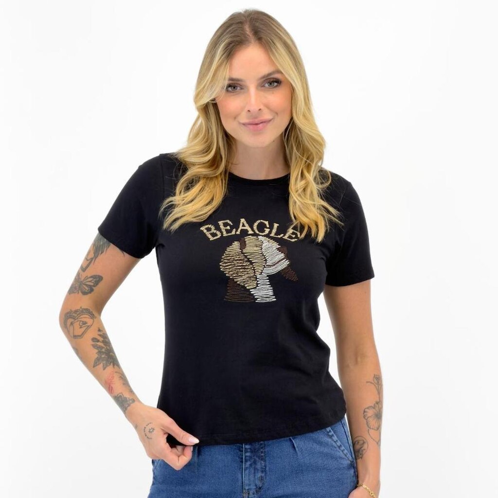 Camiseta Beagle T-Shirt com Bordado Manga Curta Gola Redonda Feminina
