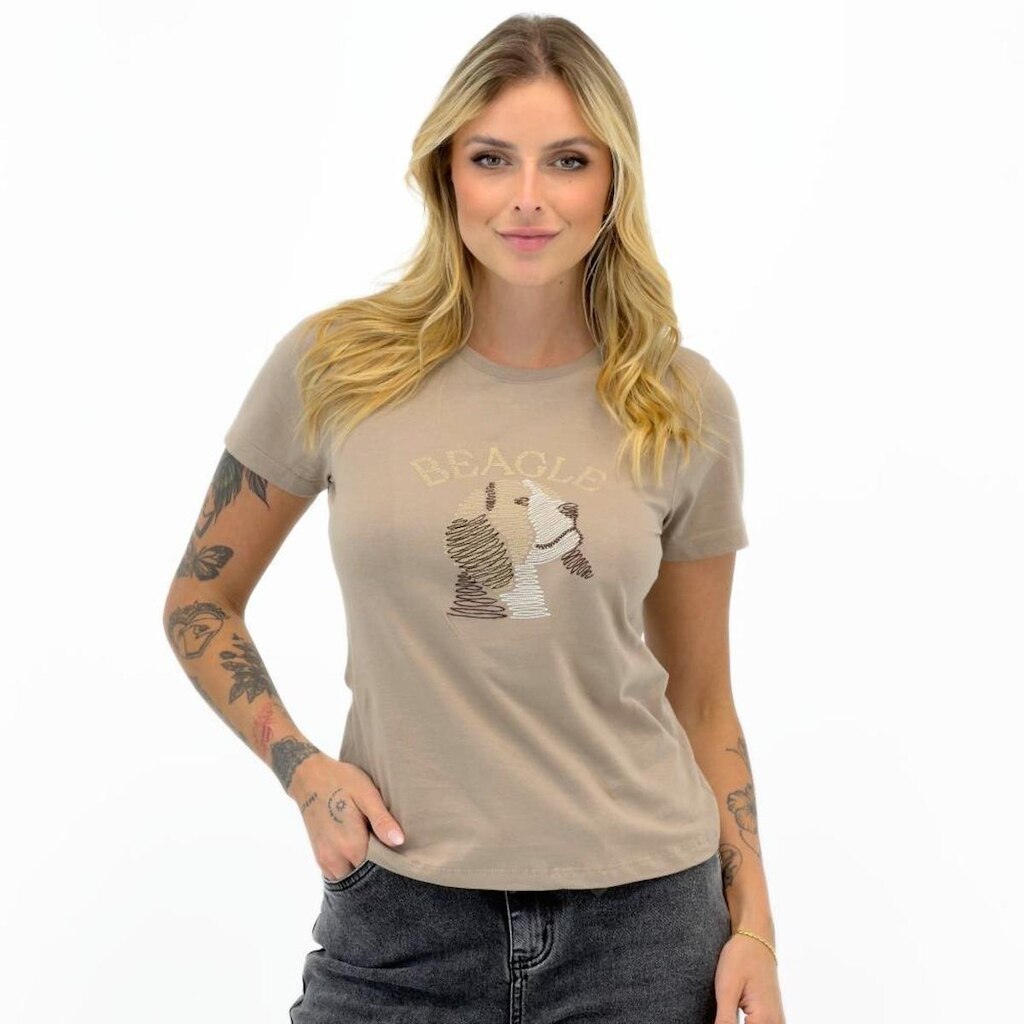 Camiseta Beagle T-Shirt com Bordado Manga Curta Gola Redonda Feminina