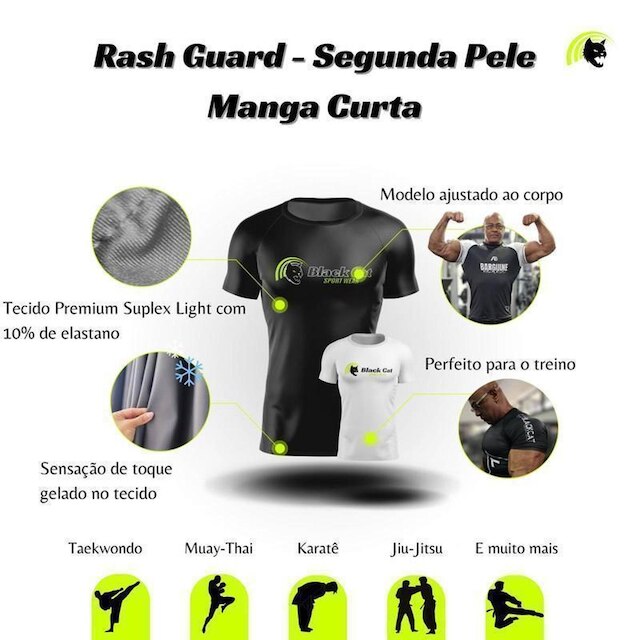 Camiseta Black Cat Sport Wear Faixa Jiu-Jitsu Rash Guard Segunda Pele Proteção