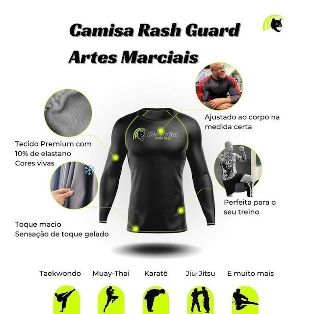 Camiseta Black Cat Sport Wear Jiu-Jitsu Rash Guard Segunda Pele Proteção - Justiceiro