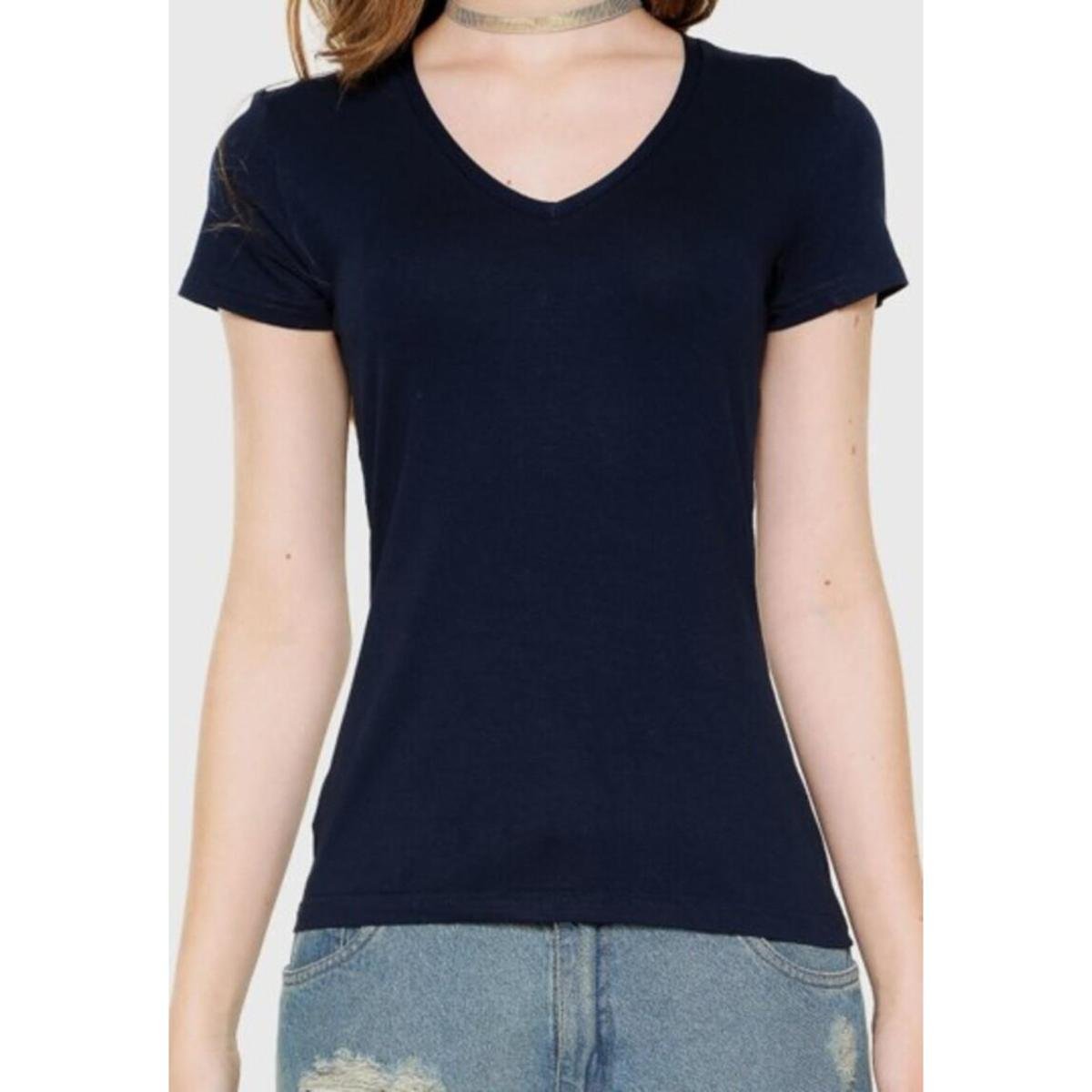 Camiseta Blusa Baby Look Gola "V" - Malwee - Azul Escuro Menor preço em Camiseta Blusa Baby Look Gola "V" - Malwee - Azul Escuro