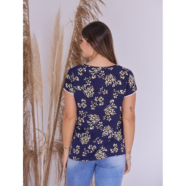 Camiseta Blusa Estampada de Manga Curta Crepe Premium com Renda Decote U