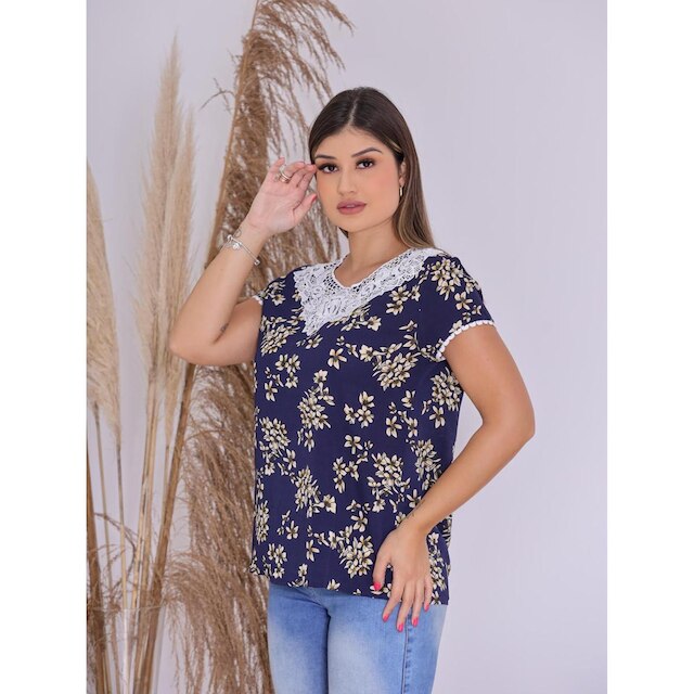 Camiseta Blusa Estampada de Manga Curta Crepe Premium com Renda Decote U