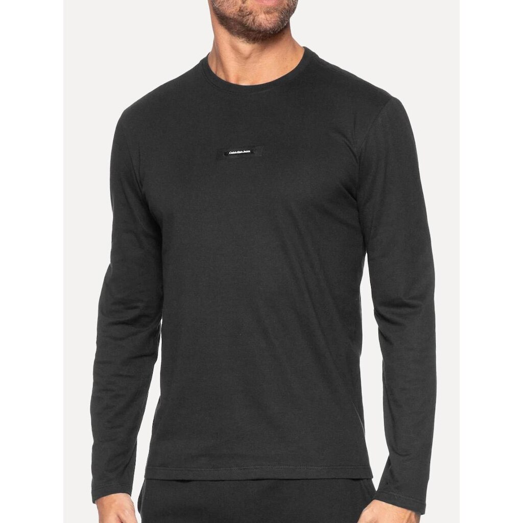 Camiseta Calvin Klein Jeans Masculina Manga Longa Logo Leather Center Preta
