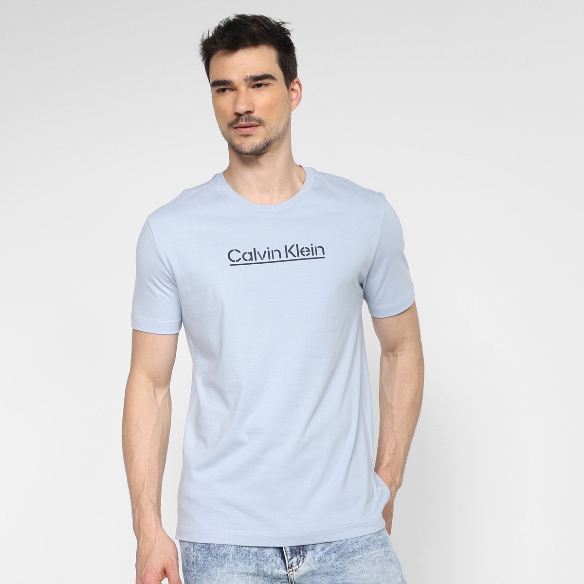 Camiseta Calvin Klein Silk Masculina - Azul Claro Menor preço em Camiseta Calvin Klein Silk Masculina - Azul Claro
