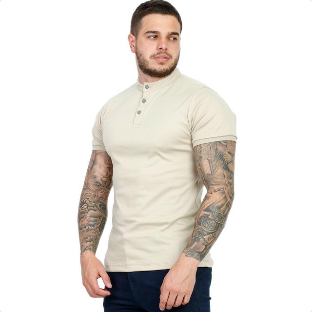 Camiseta Camisa Gola Padre Masculina Suedine Com Botão Slim