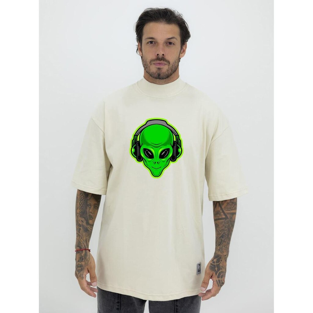 Camiseta Camisa Oversized Gola Alta Estampa ET Green Streetwear Algodão Premium Creme