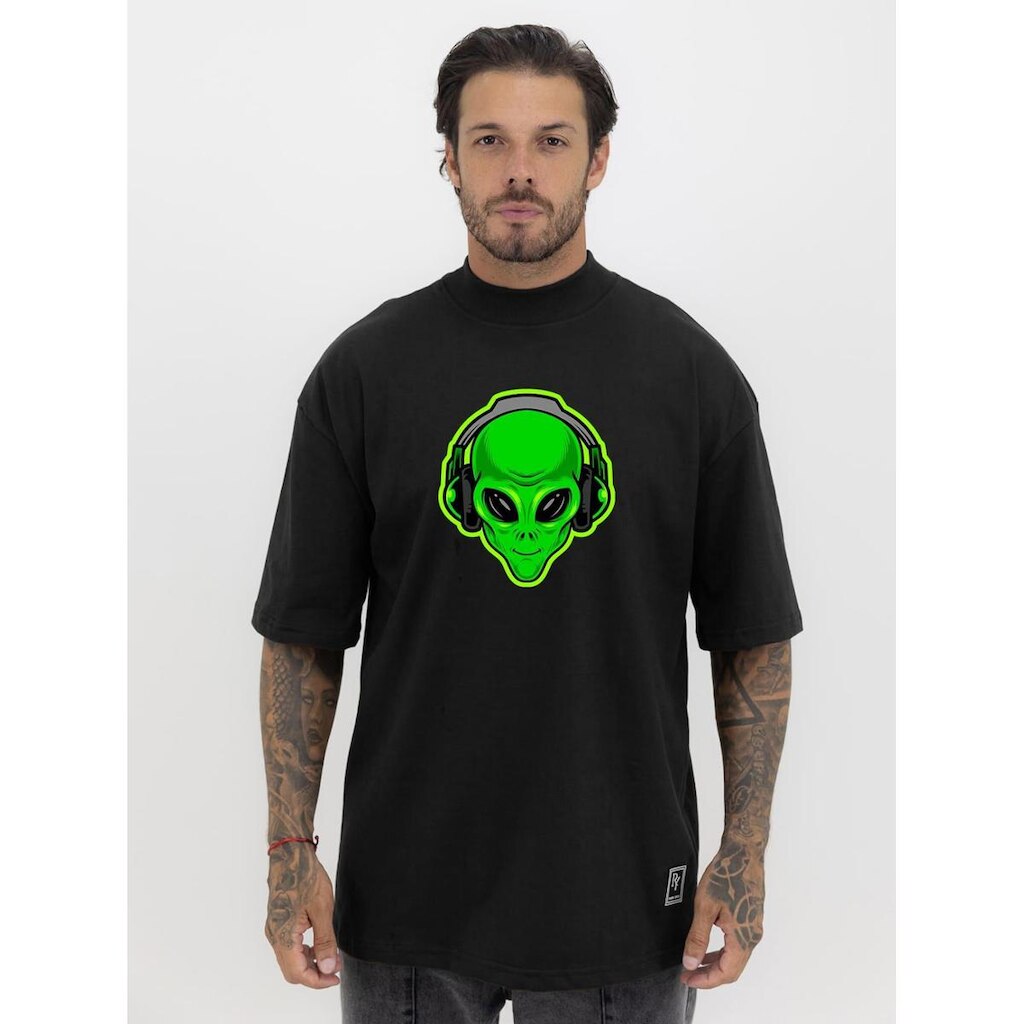 Camiseta Camisa Oversized Gola Alta Estampa ET Green Streetwear Algodão Premium Preto