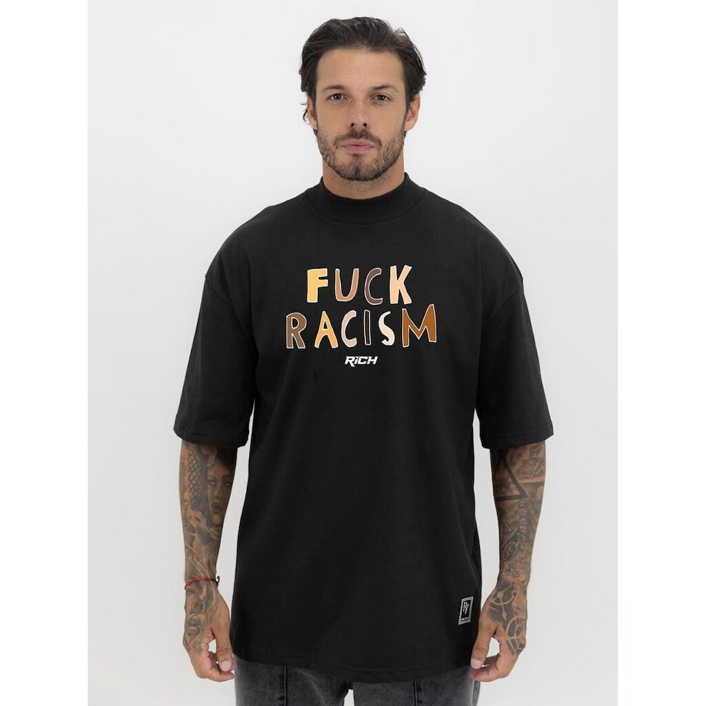 Camiseta Camisa Oversized Gola Alta Estampa Fuck Rascim Racismo Streetwear Algodão Premium Preto