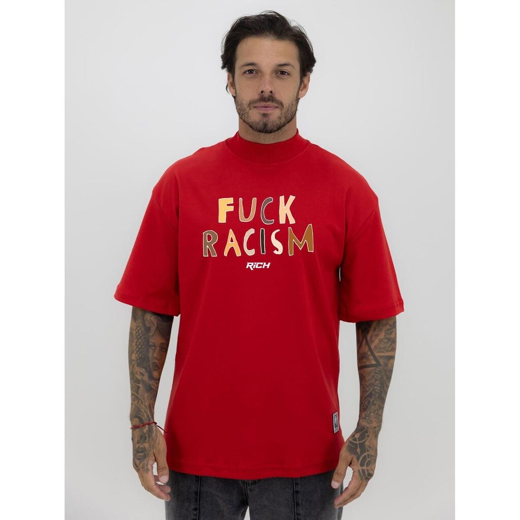 Camiseta Camisa Oversized Gola Alta Estampa Fuck Rascim Racismo Streetwear Algodão Premium Vermelho