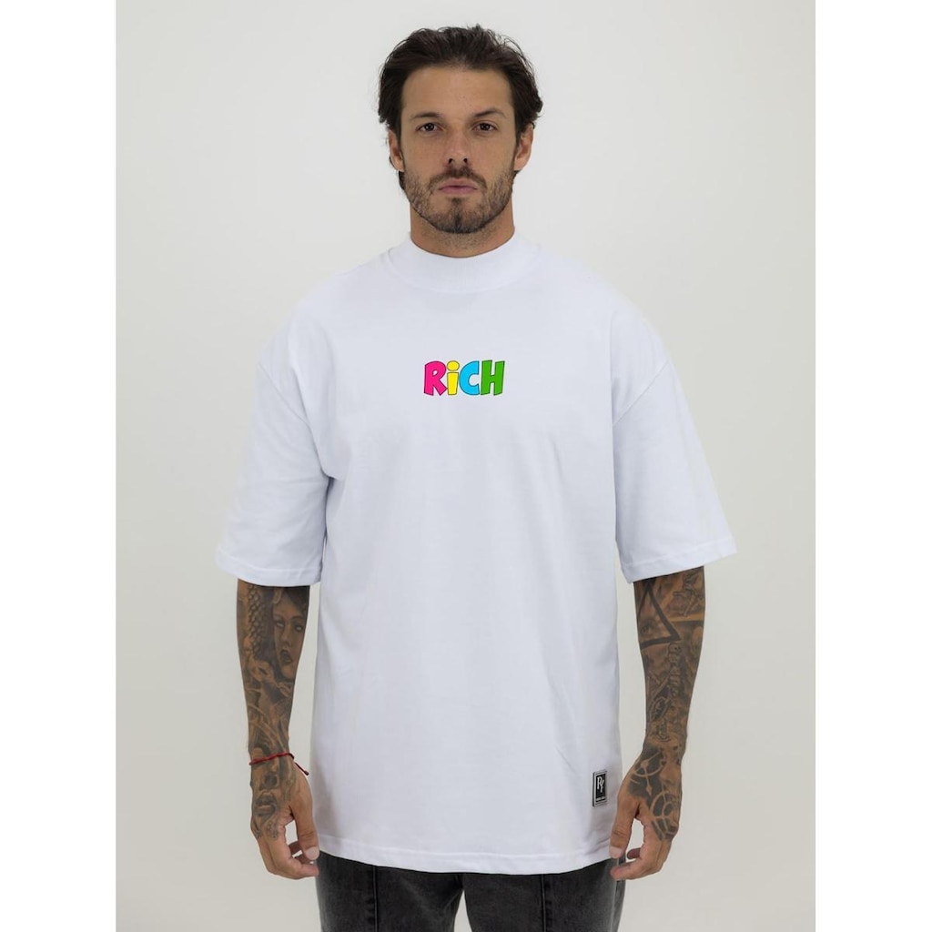 Camiseta Camisa Oversized Gola Alta Estampa Rich Boy Streetwear Algodão Premium Branco