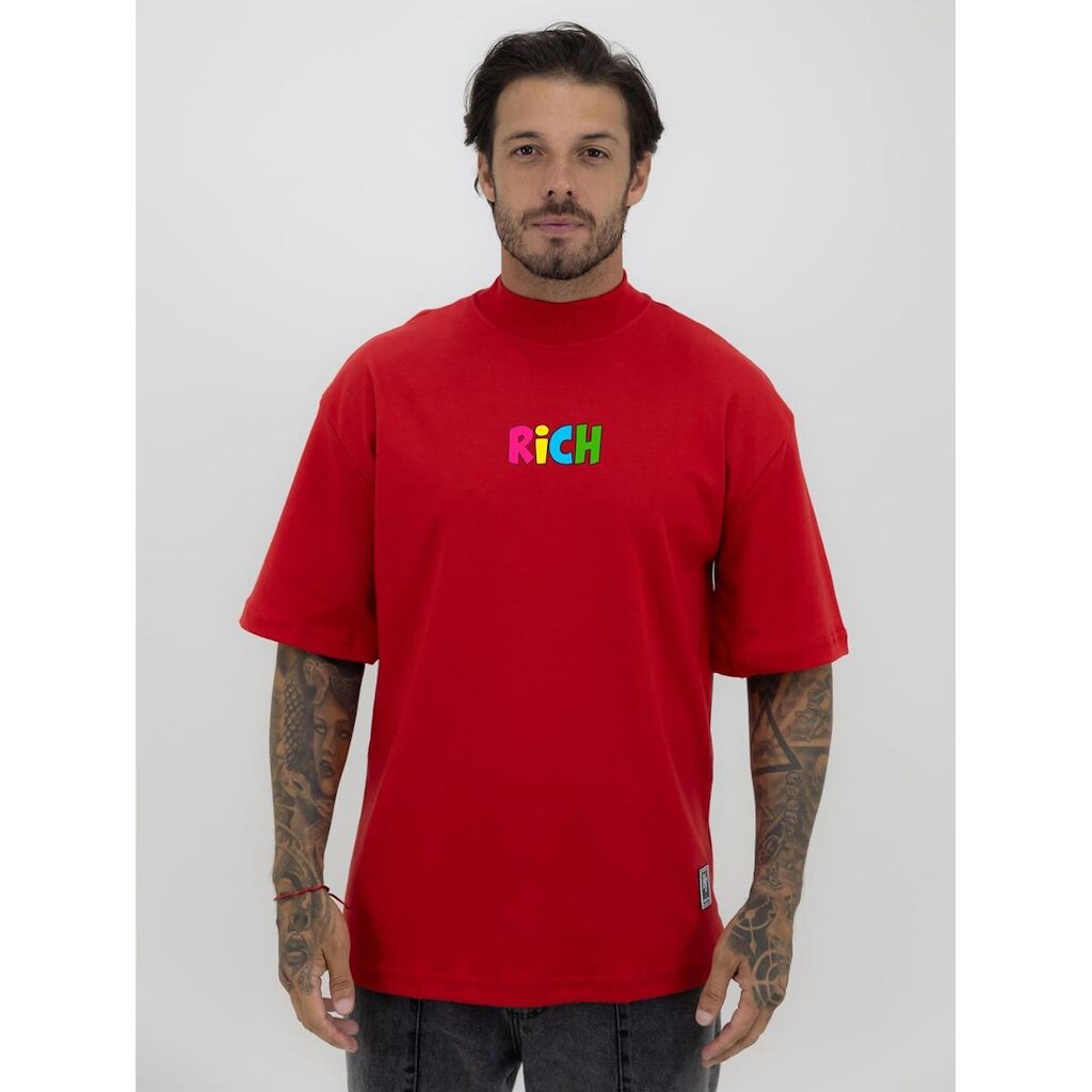 Camiseta Camisa Oversized Gola Alta Estampa Rich Boy Streetwear Algodão Premium Vermelho