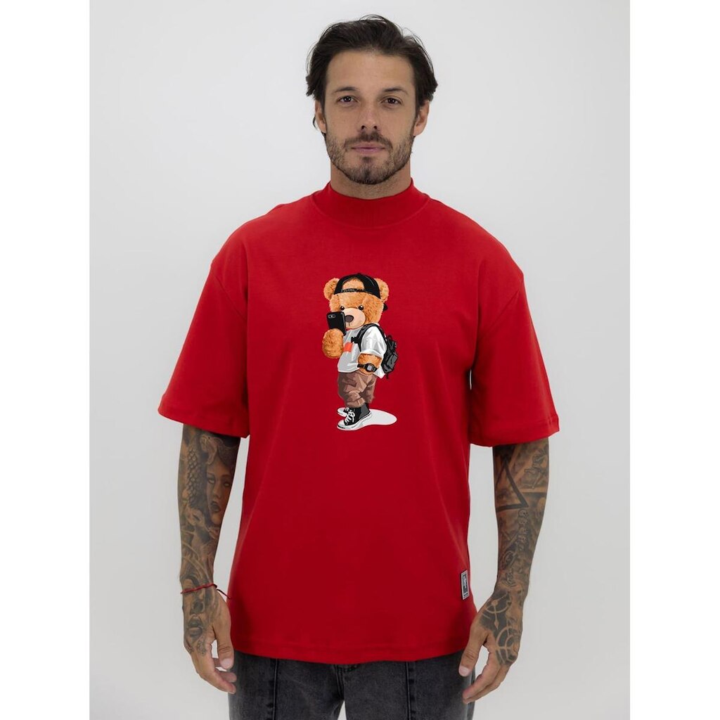 Camiseta Camisa Oversized Gola Alta Estampa Teddy Urso Selfie Streetwear Algodão Premium Vermelho