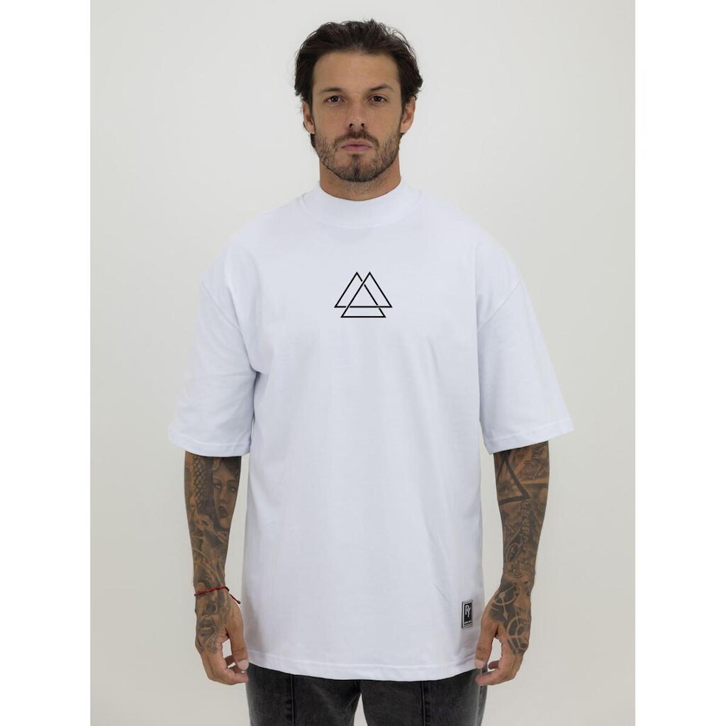 Camiseta Camisa Oversized Gola Alta Estampa Triângulo Streetwear Algodão Premium Branco