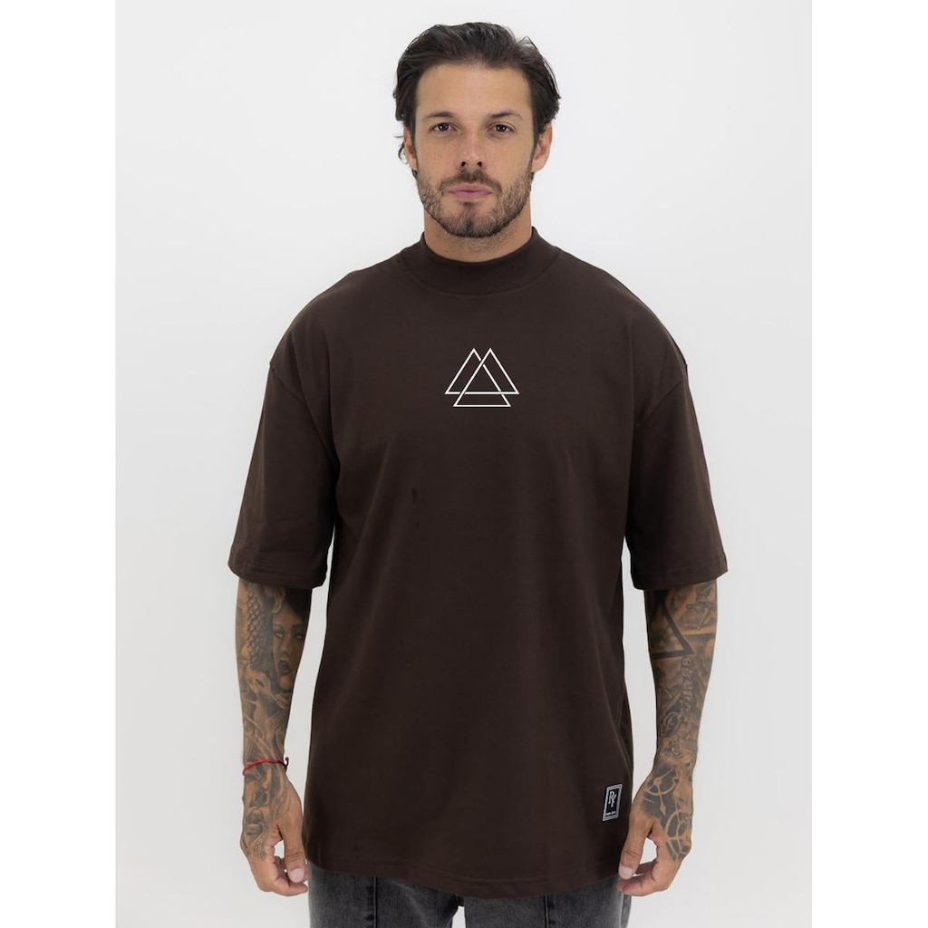Camiseta Camisa Oversized Gola Alta Estampa Triângulo Streetwear Algodão Premium Marrom