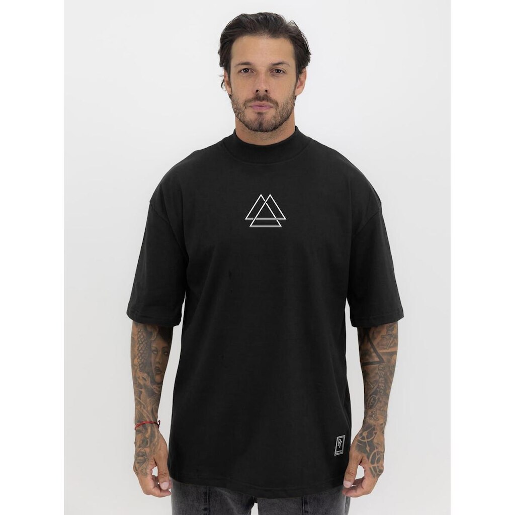 Camiseta Camisa Oversized Gola Alta Estampa Triângulo Streetwear Algodão Premium Preto