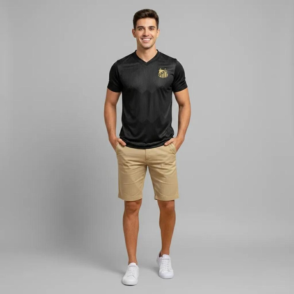 Camiseta Camisa Santos FC Oficial Masculina Preta Parrot Escudo Dourado Premium