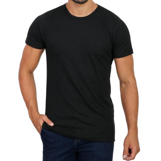 Camiseta Canelada Slim Manga Curta Masculina Preta Básica