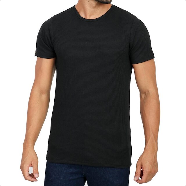 Camiseta Canelada Slim Manga Curta Masculina Preta Básica