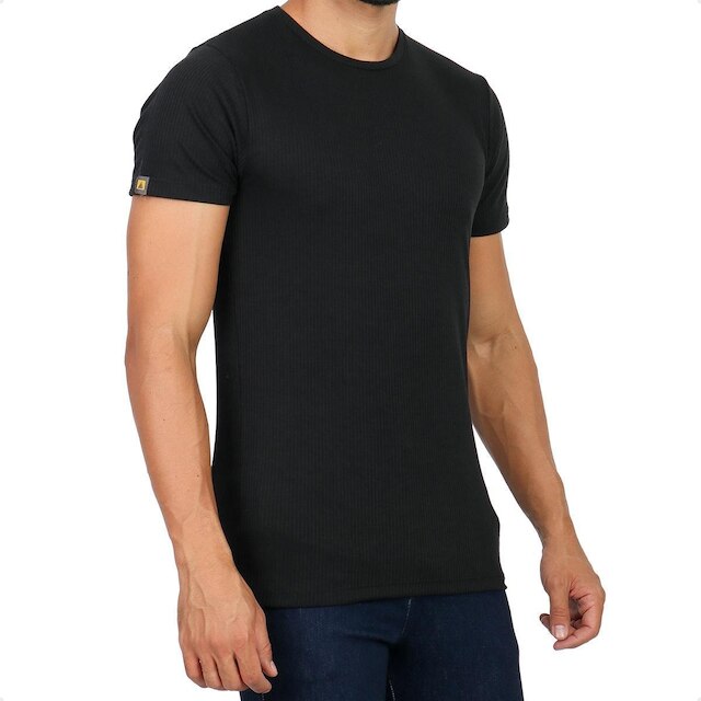 Camiseta Canelada Slim Manga Curta Masculina Preta Básica