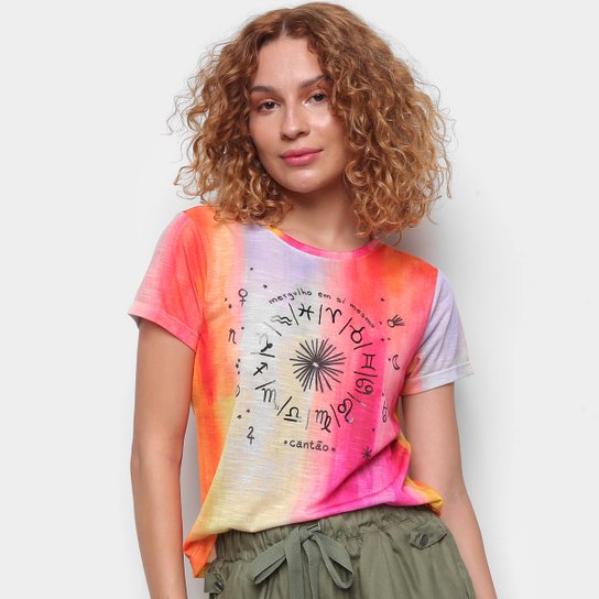 Camiseta Cantão Babylook Astrologia Manga Curta Feminina - Laranja