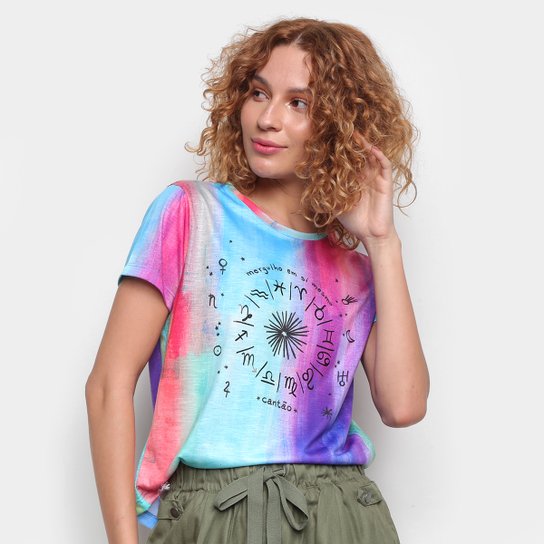 Camiseta Cantão Babylook Astrologia Manga Curta Feminina - Azul Claro
