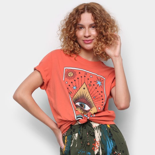 Camiseta Cantão Boyfriend Olhar Do Artista Manga Curta Feminina - Laranja