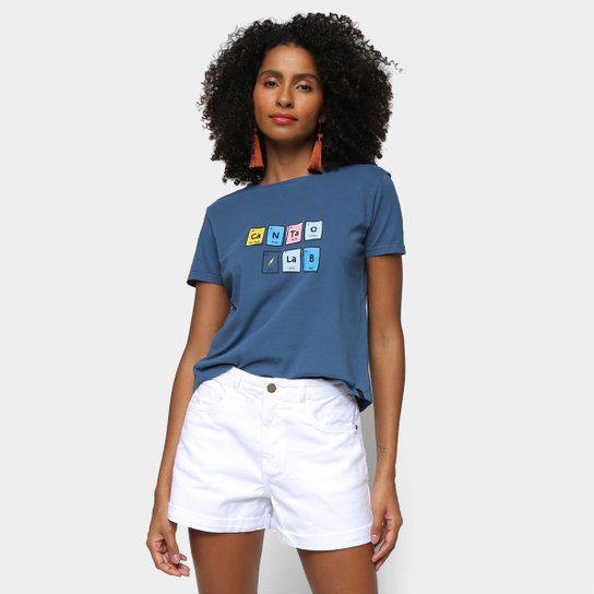 Camiseta Cantão Estampada Manga Curta Feminina - Azul