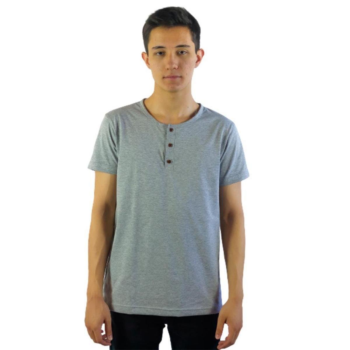Camiseta Casual Masculina Botão Henley Básica Dia a Dia - Cinza Menor preço em Camiseta Casual Masculina Botão Henley Básica Dia a Dia - Cinza