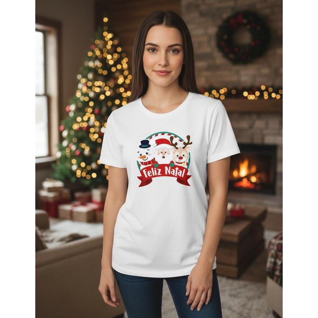 Camiseta Casual Unissex Feliz Natal Malha Leve e Macia em Algodão
